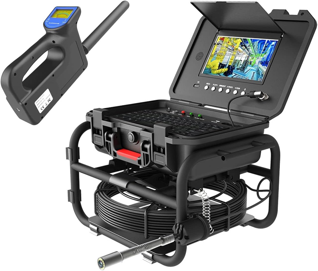 Sewer Camera with 512Hz Detector, Meter Counter, Auto Leveling, DVR Video/Audio, Sewer Drain Pipe Video Inspection Camera IP68 Industrial Borescope with 9" 1080P Screen, 16GB,20M