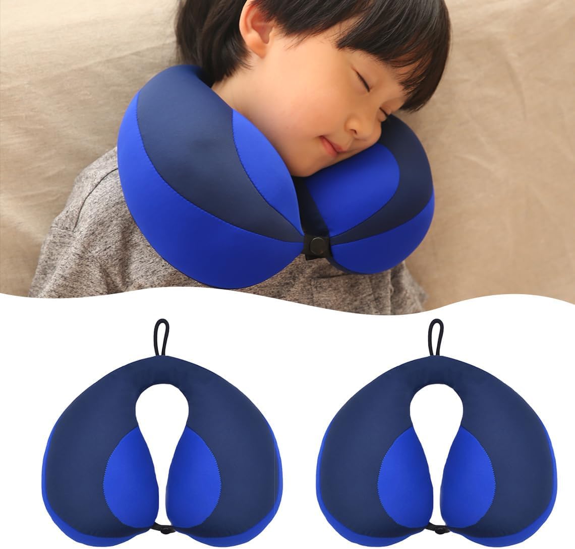 MOOB Kids Travel Neck Pillow with Chin Support, U-Shape Pillow for Head & Neck Support on Airplane & Car Rides, Ideal Travel Gift for Toddlers & Children (Blue Purple)