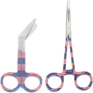 LAJA Imports 2 Pcs Nurses Hemostats Forceps Curved + Bandage Scissors Usa Us American Flag Pattern Red White & Blue Stainless Steel