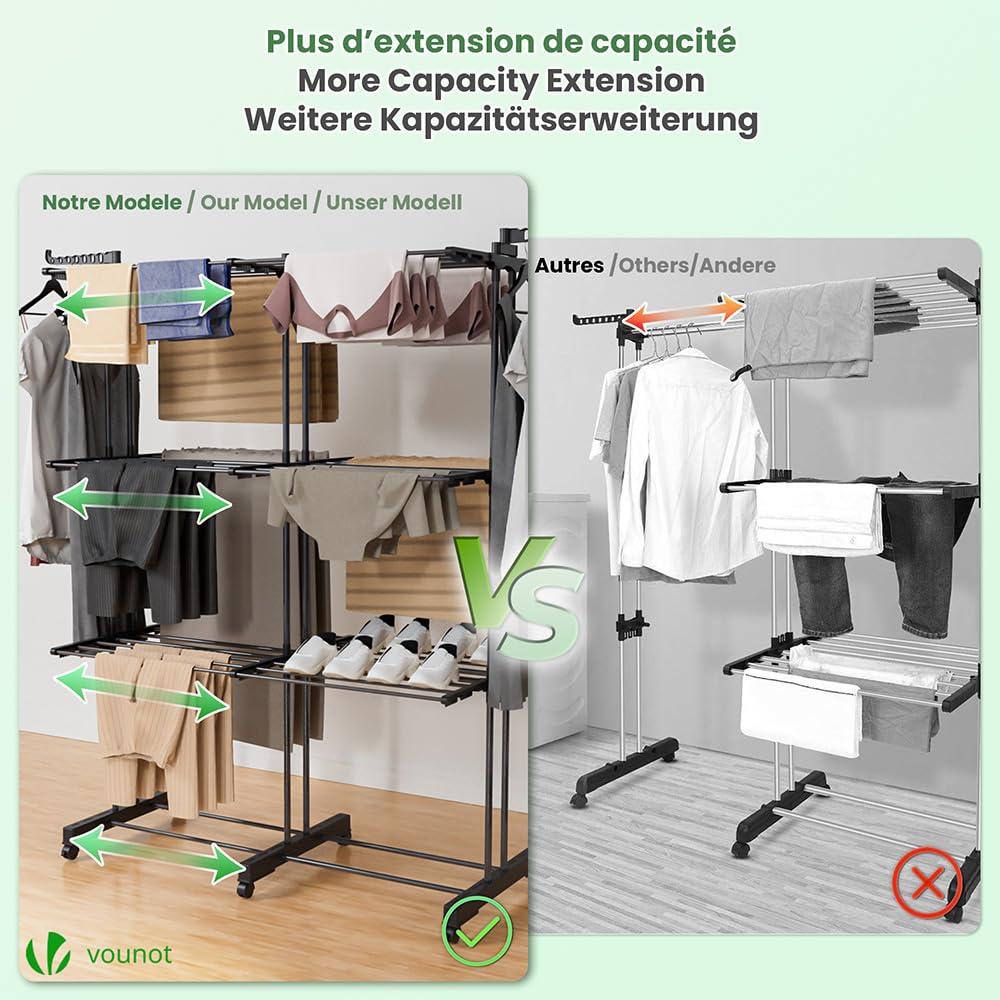 VOUNOT® Wäscheständer Turm Ausziehbar, Platzsparender Turmwäscheständer für Innen & Außen, mit Faltbaren Flügeln, Teleskopstange und 6 Rollen, 40m Trockenlänge, 3 Ebenen, Schwarz