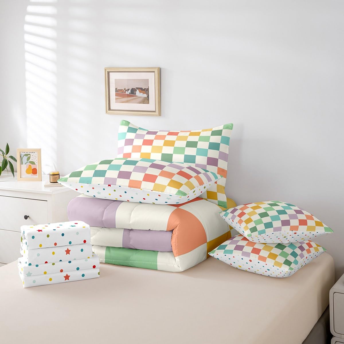 Feelyou Multicolored Checkered Retro 7 Piece Bedding Set Kids Boys Geometric Vintage Comforter Set with Sheets King Size Green Yellow Colorful Bed in a Bag Modern Simple Groovy Aesthetic Room Decor: Green Yellow Colorful Full