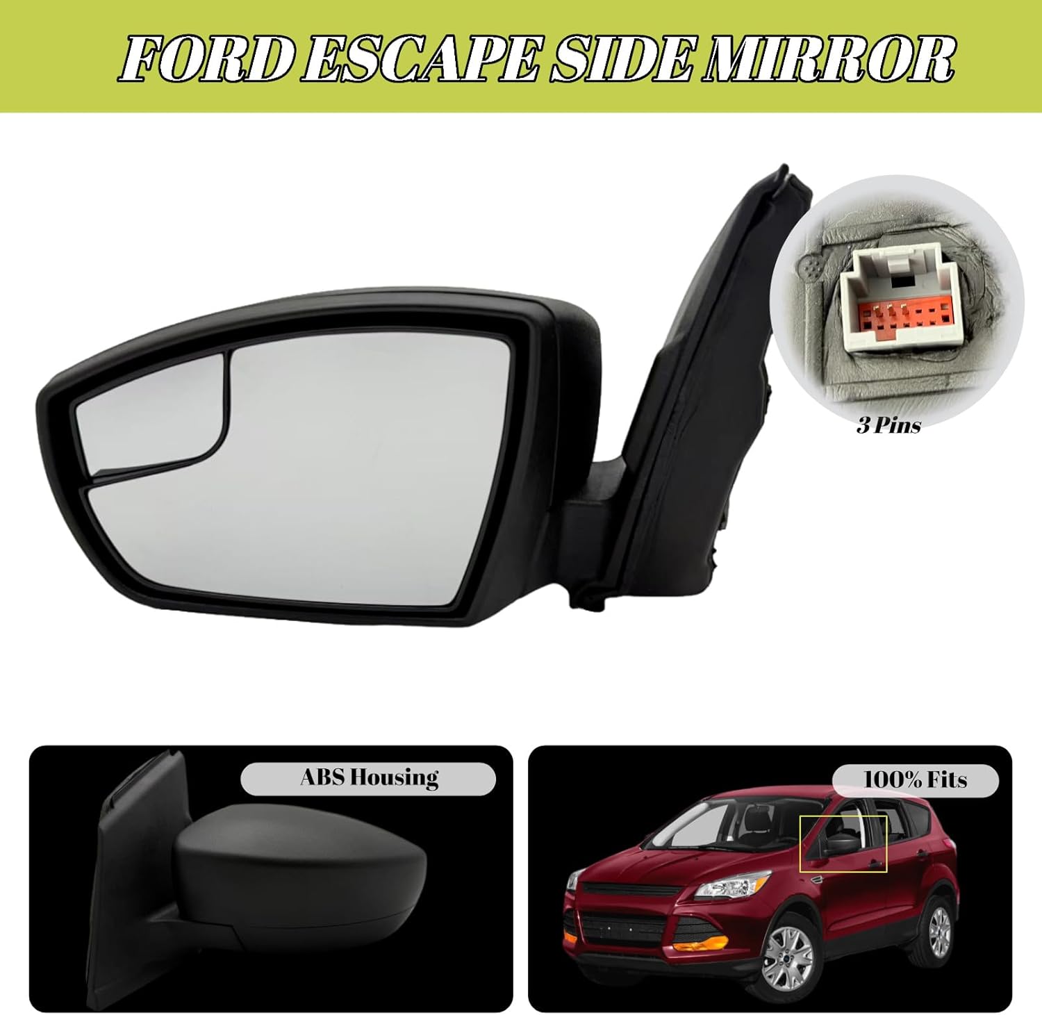 Left Driver Side Mirror Compatible With 2013-2016 Ford Escape With Power Glass Manual Folding Texture Black Non-Heated Replace#CJ5Z17683BA