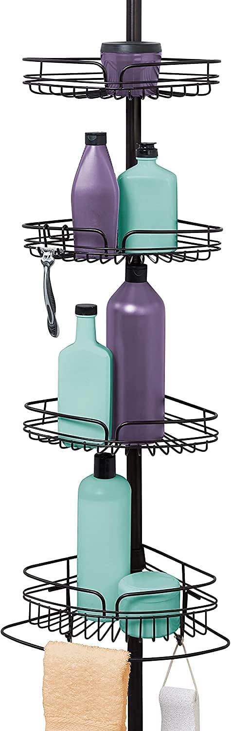 Shower Organizer Tension Shower Caddy Bathroom Shower Pole Caddy Bathtub Organizers Corner With 4 Storage Baskets,Hooks,Razor Holders And Washcloth Bar Perfect For Your Bathroom-Bronze