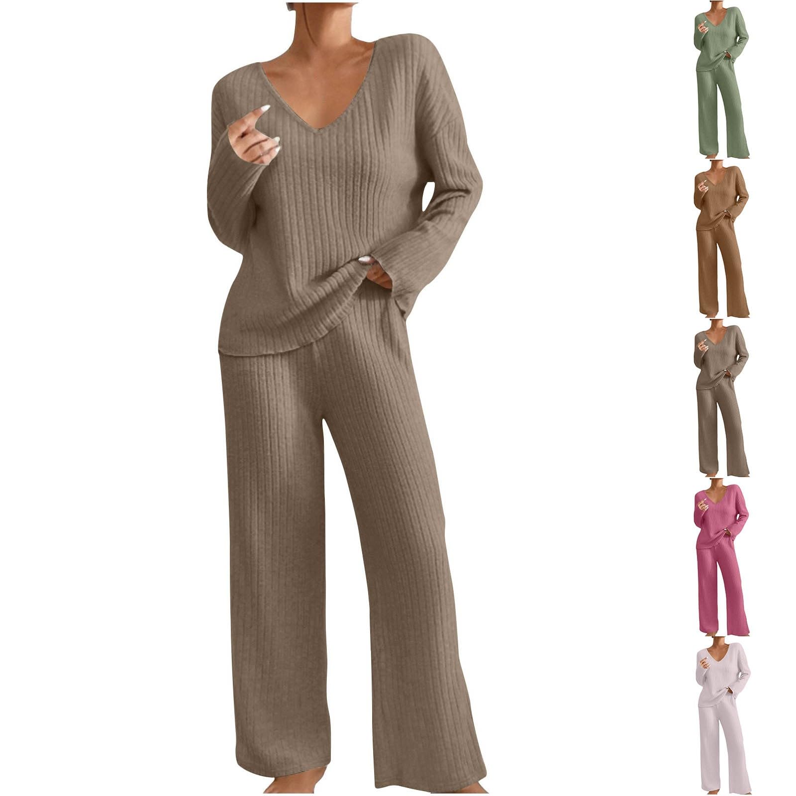 EMATOP Zweiteiler Damen Lässig Langarm Strickanzug Sport Einfarbig Jogginganzug Elegant Lang Freizeitanzug Warm Stricken Tracksuit 2 Teilig Pullover und Hosen Hausanzug Bequem Loungewear Set