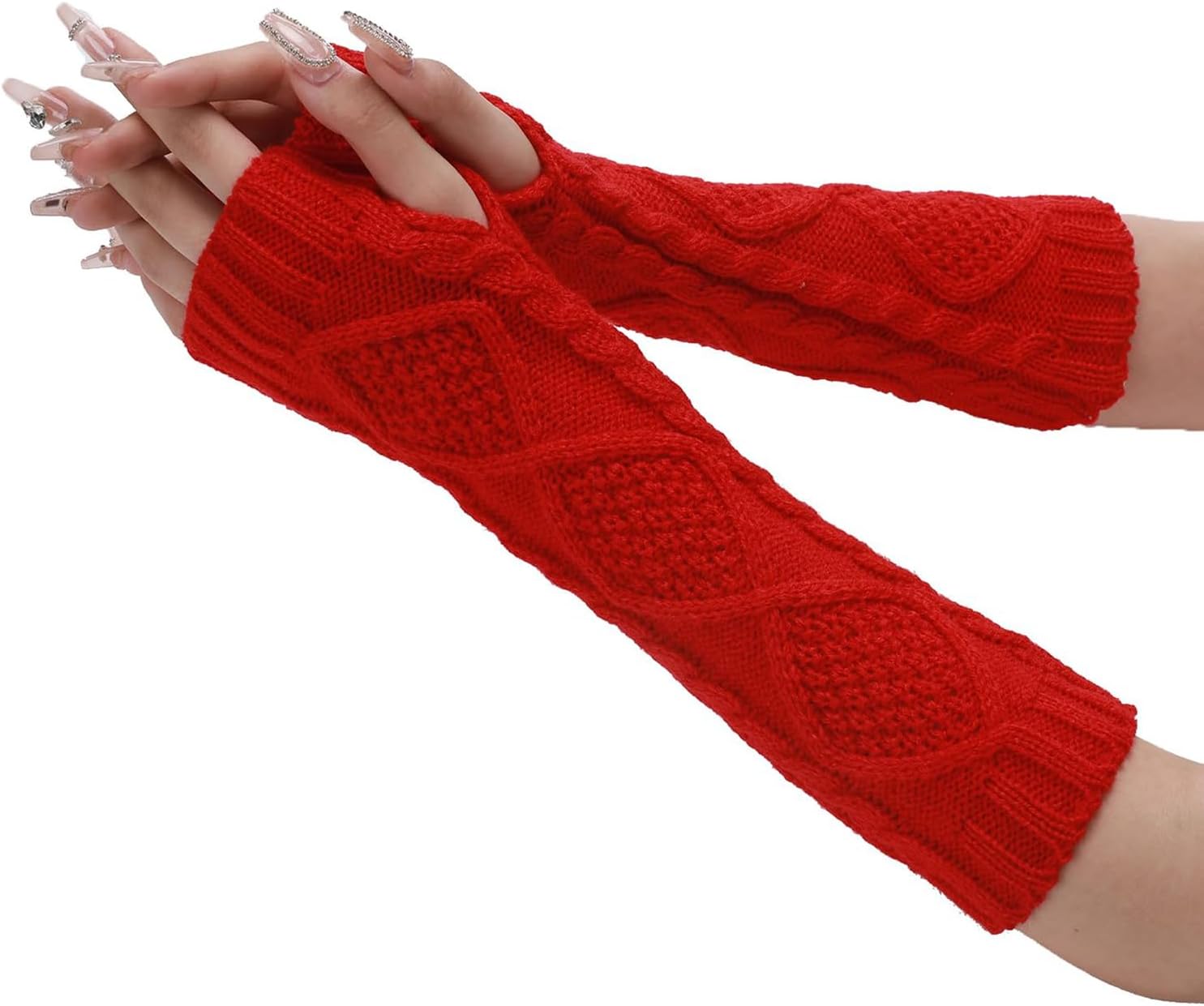Leoparts Cable Knitted Arm Warmers Thumb Hole Winter Long Fingerless Gloves