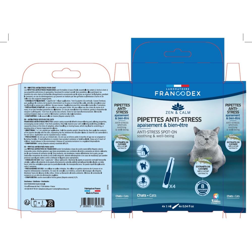 Francodex - 4 Pipettes Anti-Stress apaisant et Bien-être pour Chats