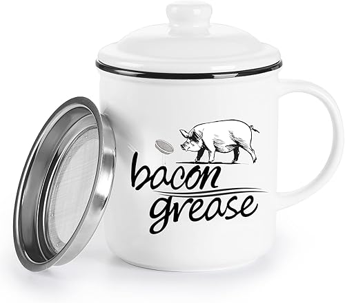 ONTUBE Contenedor de grasa de tocino de cerámica con colador, contenedor de grasa para cocina, color blanco