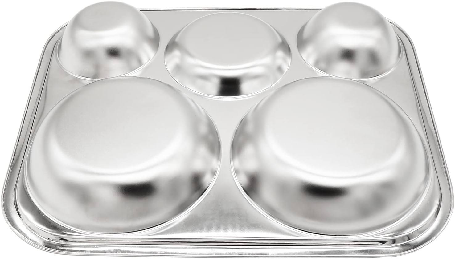 Korean Stainless Steel Divided Plates for Adults, Teens, Premium 304, Electro-Polished, No Black Residue, BPA-Free, Large 5-Compartment Food Tray, Diet Portion Control, Camping, Set of 2