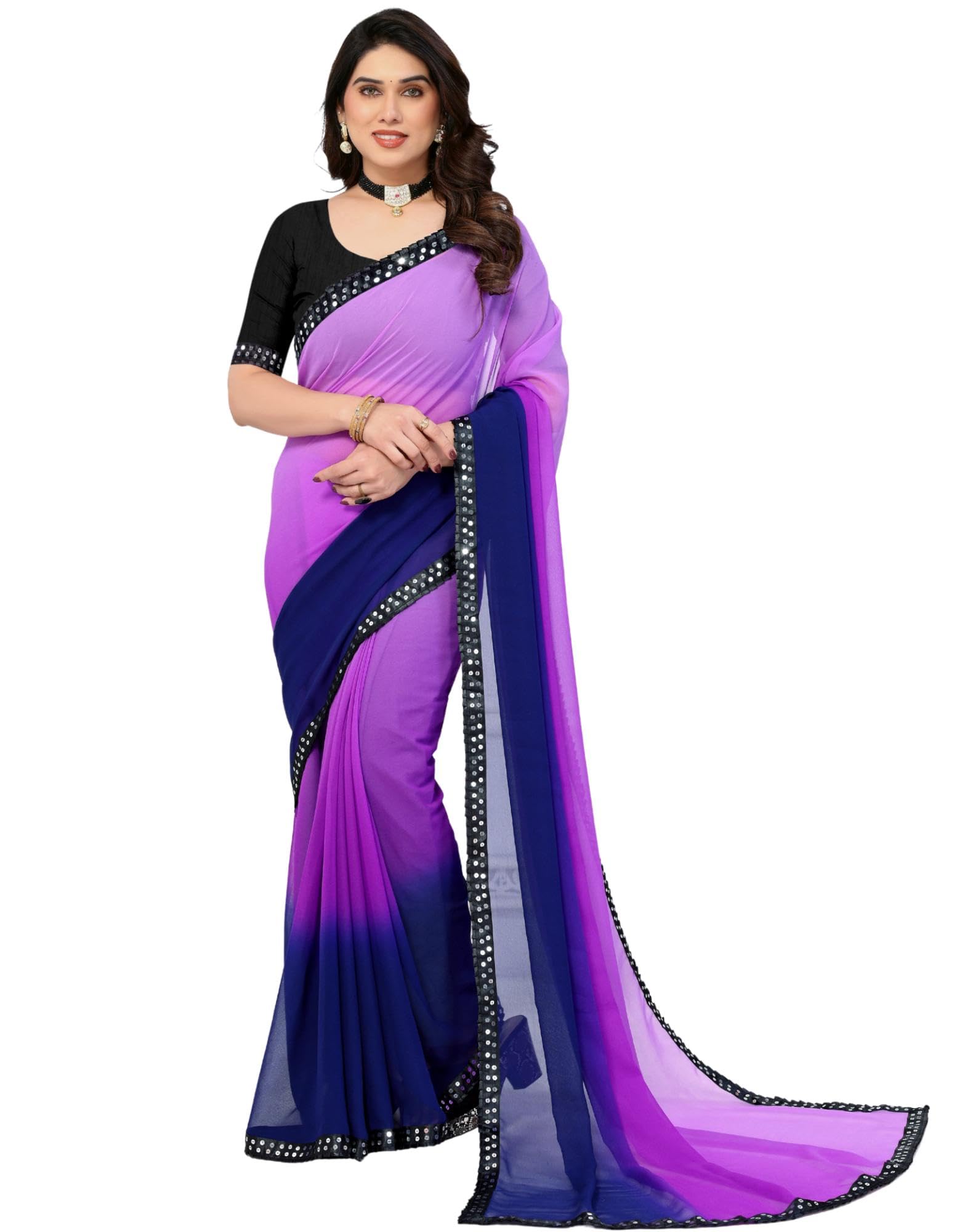 frehee Womens Georgette Dual-Tone Gradient Effect Saree Featuring Embellished Sequin Lace Border With Blouse 5.5 Meter Saree 0.8 Meter Unstitched Blouse Piece-picture-20