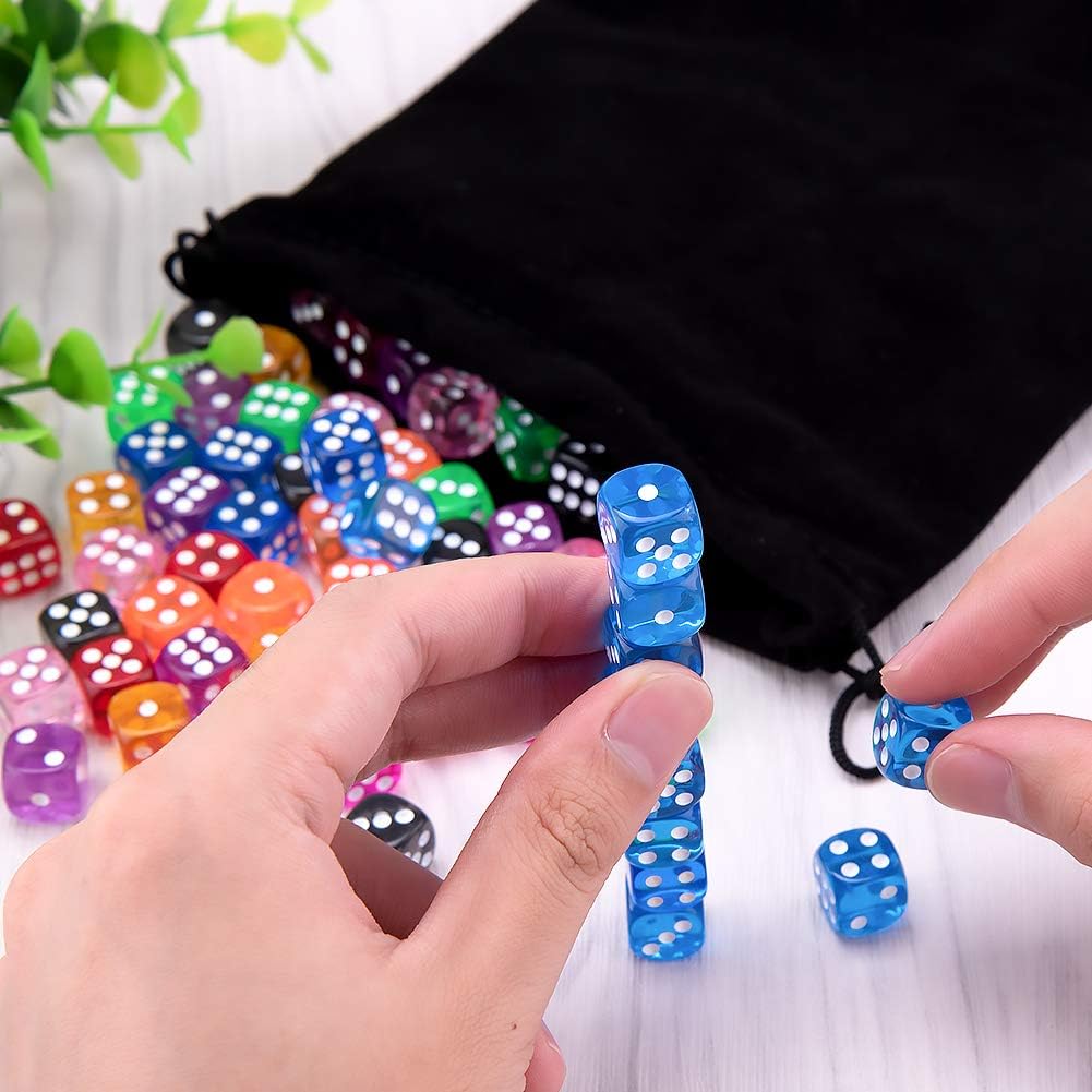 AUSTOR 100 Pieces 12mm Dice 6 Sided Game Dice Translucent Color Tiny Dice Round Corner Dices for Tenzi, Farkle, Yahtzee, Bunco or Teaching Math with a Drawstring Storage Bag