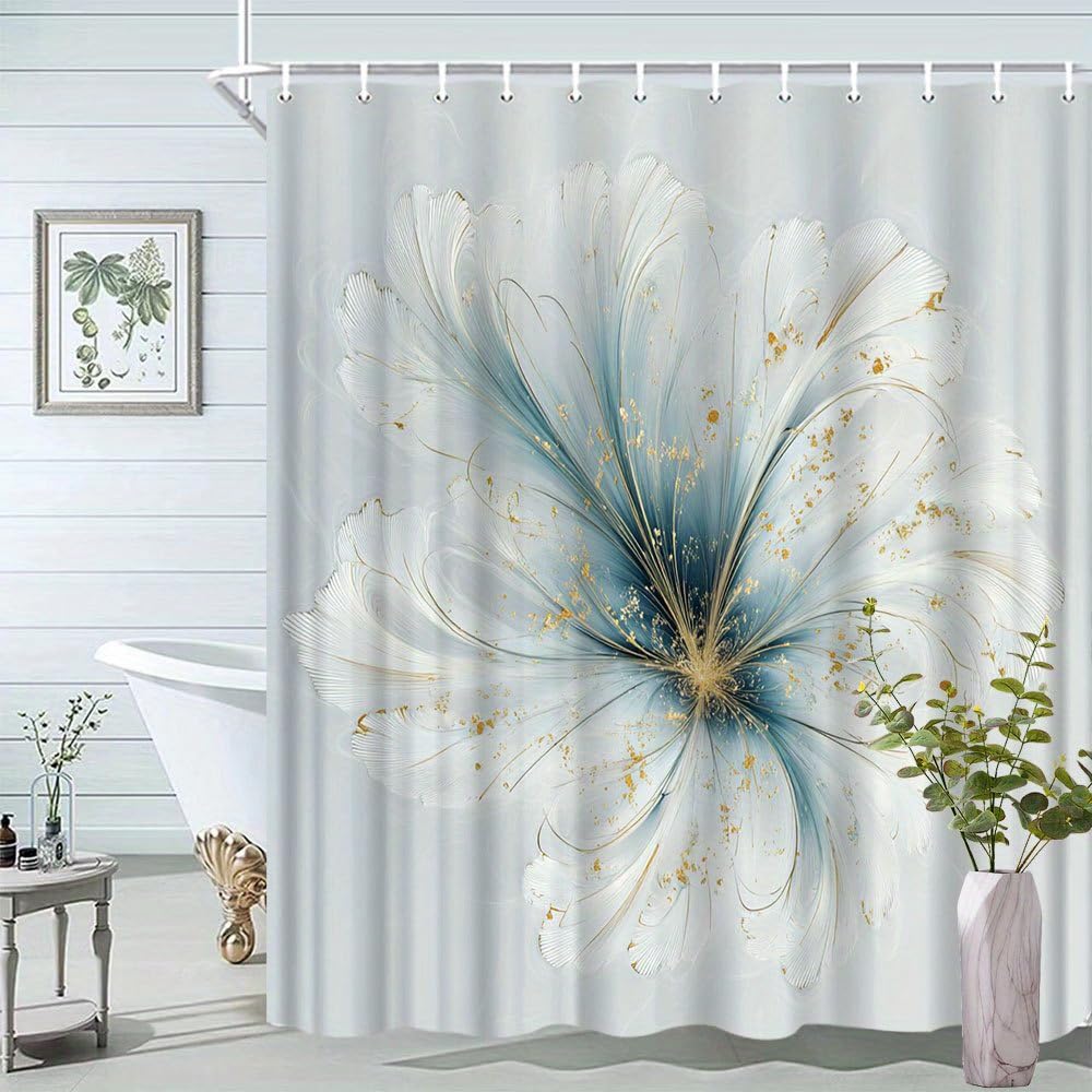 Extra Langer Duschvorhang mit Blumenmuster,eleganter Duschvorhang im Landhausstil mit Farbverlauf von Weiß zu Blau,maschinenwaschbar,aus Polyestergewebe (165 x 165 cm/65 x 65 Zoll (B x H)