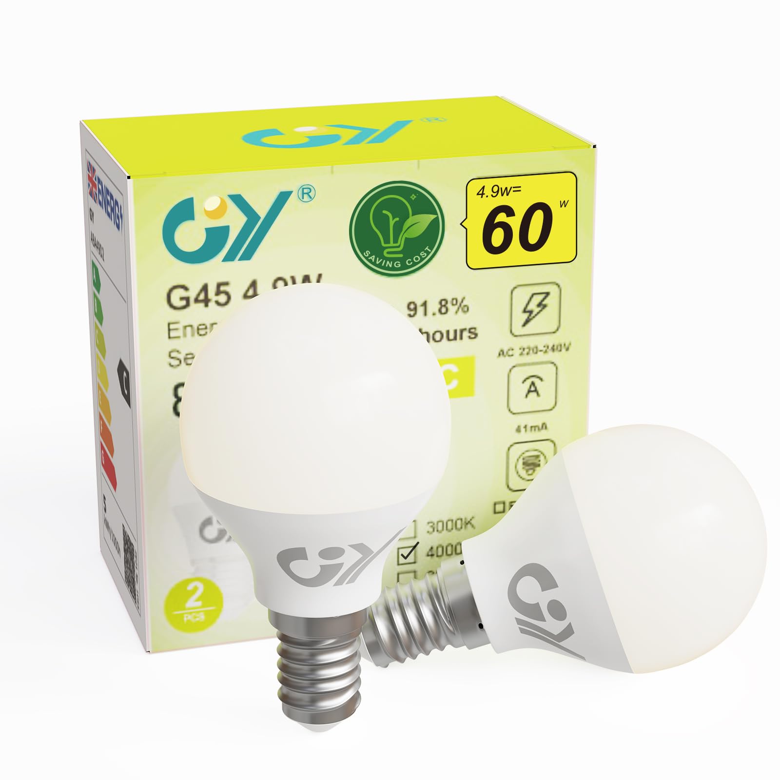 GY E14 LED Neutralweiss Lampe 4.9W 4000K 807 Lumen Neutralweiß Leuchtmittel,G45/P45 Energiesparlampe 60W lampe ersetzt,Nicht Dimmbar LED Birnen,2 stück