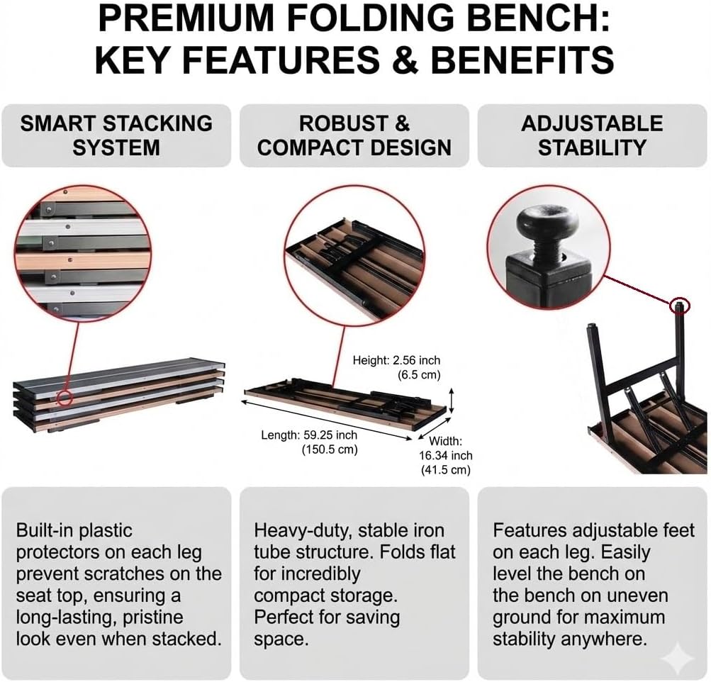 Collapsible Portable Folding Benches Seat for Outside Seating Soccer Sports Team Camping Foldable Bench Iron Tubes,Brown-59.25"