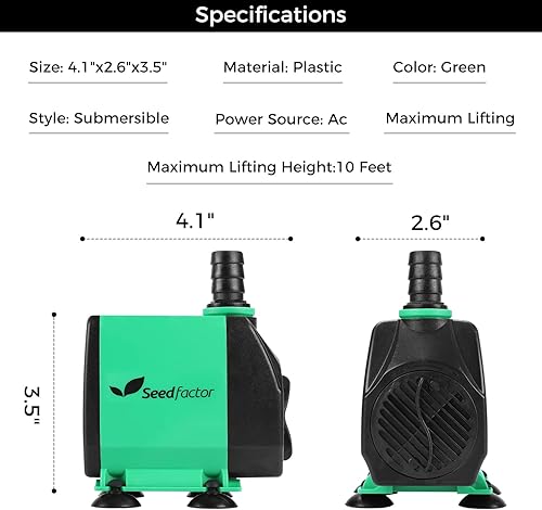 Miniatura 2 de Seedfactor Bomba de acuario de 800 GPH (3000 LH, 24 W), bomba de agua ultra silenciosa con elevación de 10 pies de alto, bomba de fuente con cable