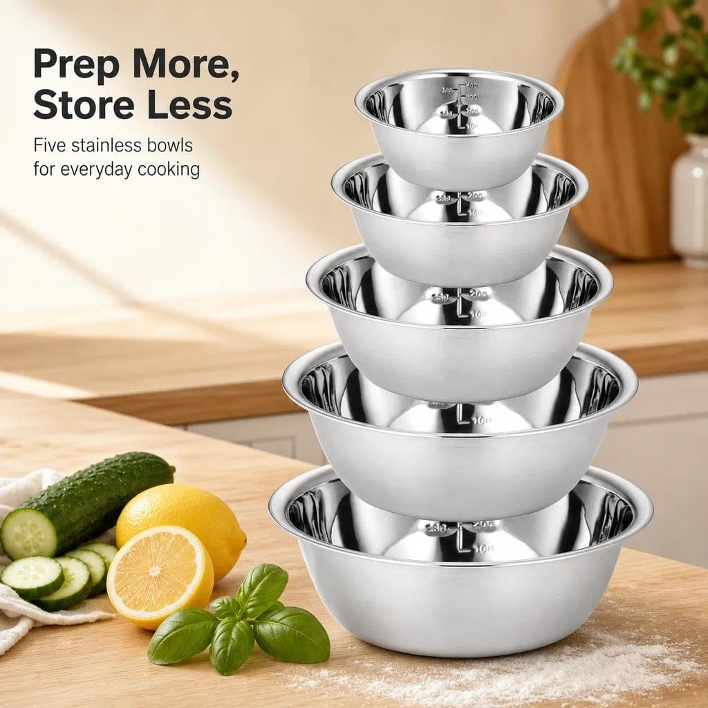 Set di ciotole in acciaio inox, ciotole in acciaio inox, ciotole in metallo, ciotole da portata, impilabili, per cucina, cottura al forno, insalata, 14/16/20/22/24 cm, set da 5 pezzi