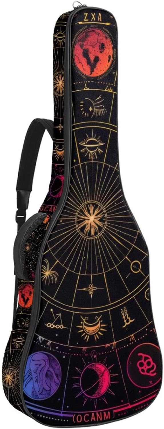 40 41 42 Inch Guitar Bags, Waterproof Padded Acoustic Guitar Case Backpack with Adjustable Shoulder Strap & Pockets, Colorful Zodiac Signs Planets Symbols