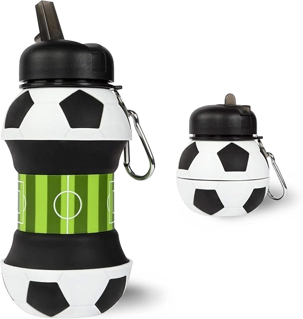 MAGIIN Football Water Bottle, 550ml Silicone Drinks Bottle Collapsible, Football Gift Kids, Leakproof Squeezable BPA Free Travel Sports School