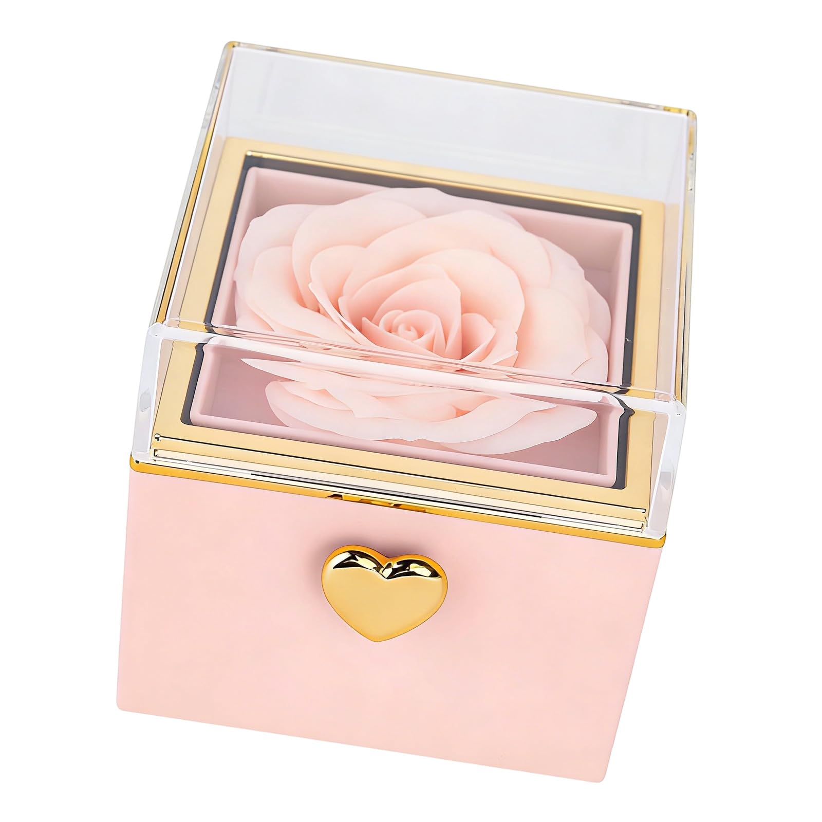 FGDTREE Charm Rotating Jewelry Holder with Delicate Artificial Flower Storage Box and Metal Texture for Anniversaries Surprise Toss Hoop Box