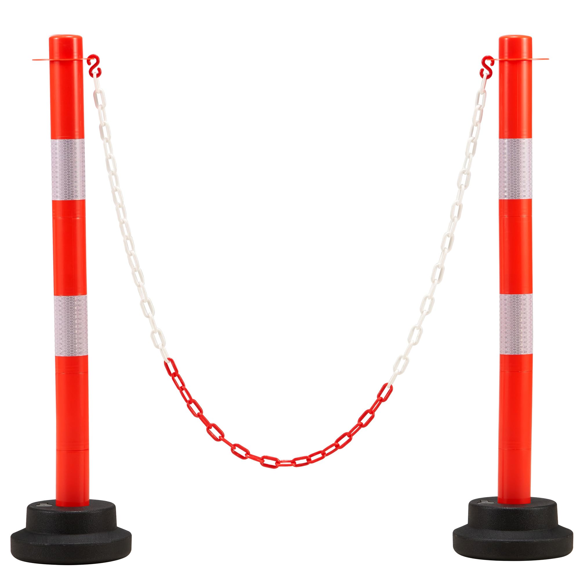 Spurgehom 2 Pack 34 Inch Traffic Delineator Post with Reflective Collar, Orange Safety Barrier Cones with 5 FT Plastic Chain & Weighted Base for