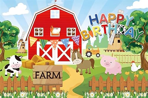 Telón de fondo de cumpleaños de granja de 8 x 6 pies, dibujos animados de animales de granja, fondo de fiesta de cumpleaños, granero, vaca, baby