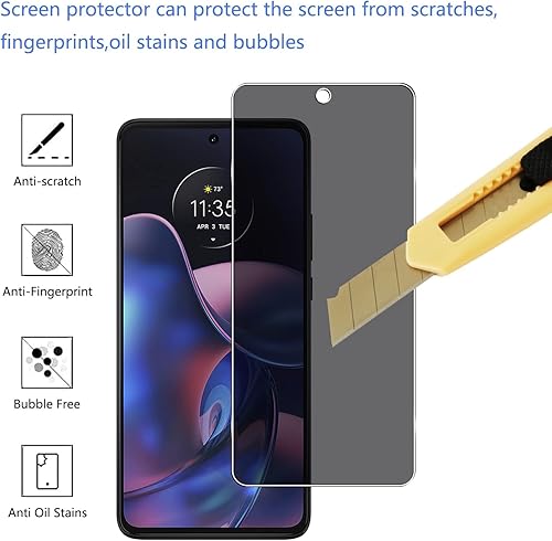 Miniatura 3 de Protector de pantalla de privacidad de vidrio templado para Motorola Moto Edge (2022), antihuellas dactilares, dureza 9H, antiespía antiespías,