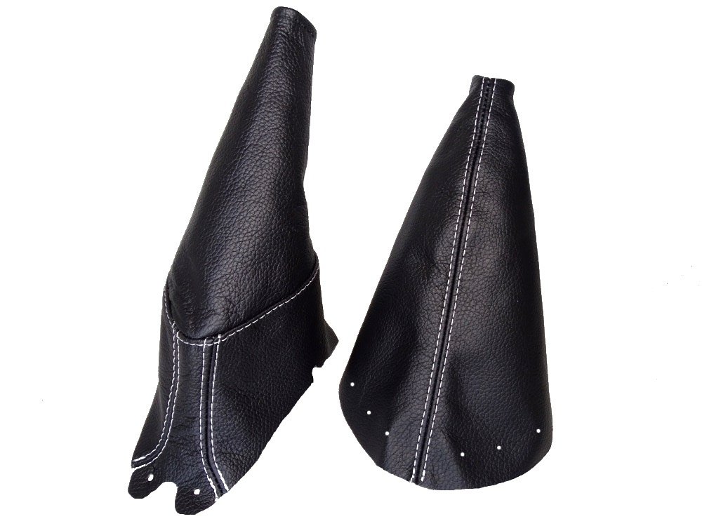 The Tuning-Shop for Ford Mustang 1995-1999 Shift & Handbrake Boot Black Genuine Leather White Stitching