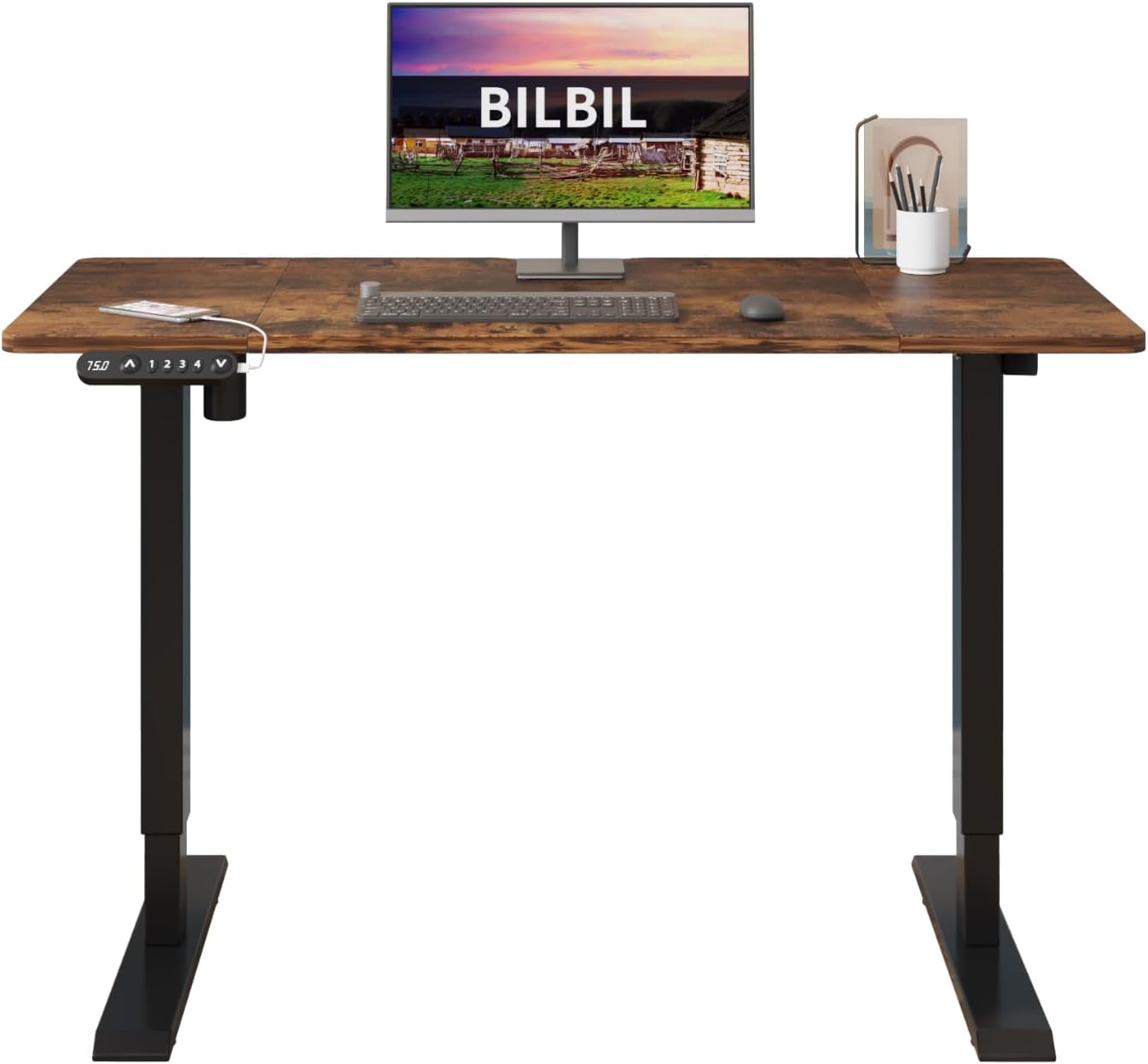 bilbil 48x24 Electric Height Adjustable Standing Desk with 4 Memory Presets, Anti-Collision & Rustic Brown Splice Desktop