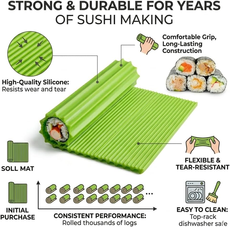 Premium Silicone Sushi Making Kit - Rolling Mat for Beginners and Kids, 8.6 x 7.8 Inch