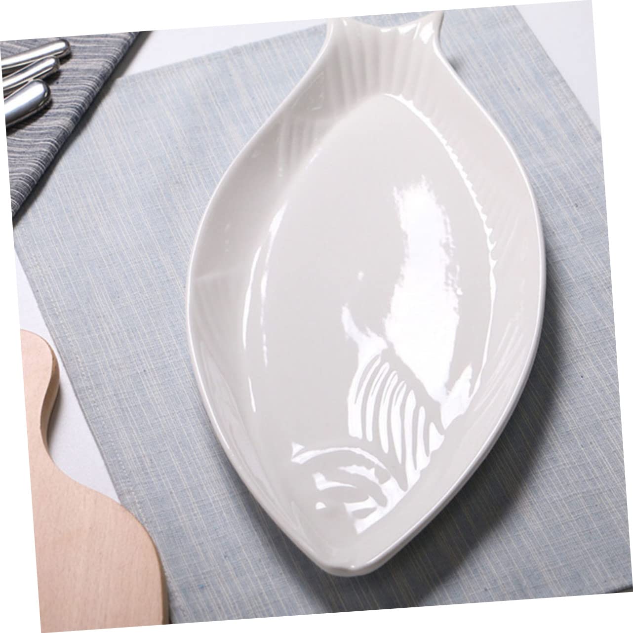 Piatto Pesce in Ceramica Bianca, Piatto da Portata a Forma Ellittica