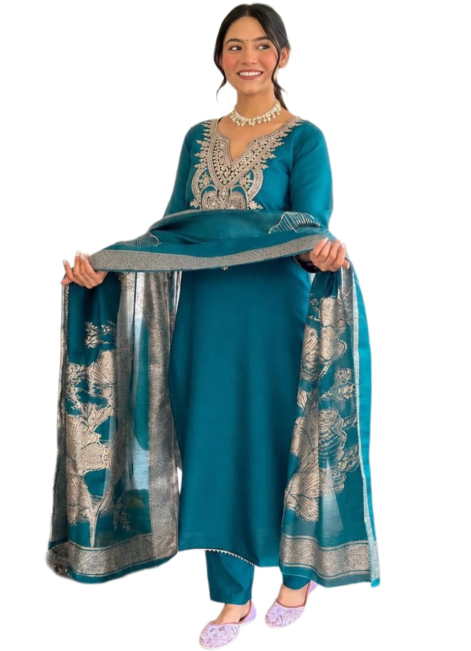 Women's Embroidered Kurta Pant with Banarasi Dupatta Set, Ethnic Wear, 3-Piece-picture-42
