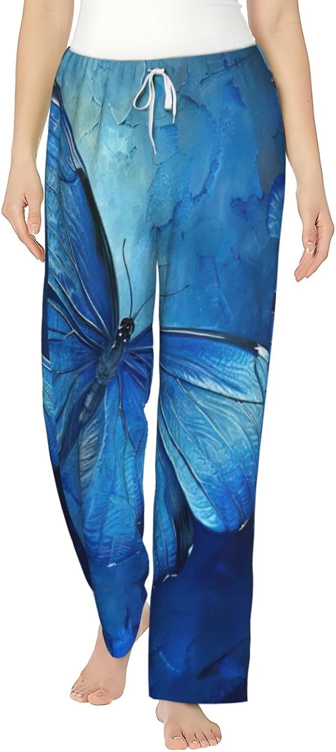 Blue Butterfly Print Fashion Cozy Womens Flannel Pajama Pants,Perfect For Christmas And Everyday Wear