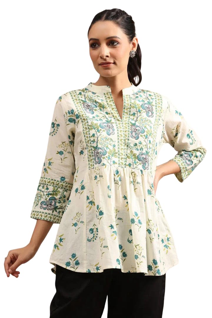 new elite Women's Floral Print Cotton Tunic Top, Cream Base with Pink Roses, 3/4 Sleeve, Empire Waist, Mandarin Collar, Casual Wear-picture-18