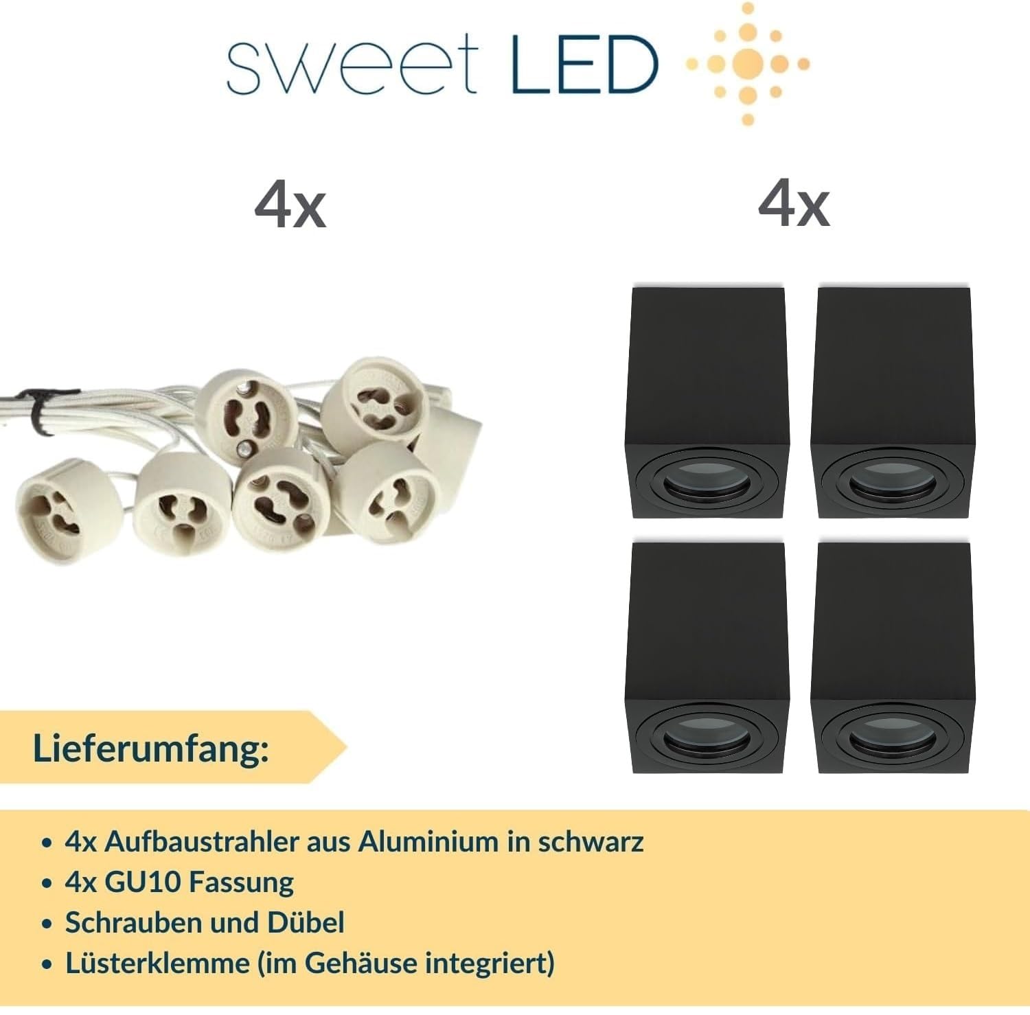 Sweet Led Set di 4 faretti da incasso GU10, IP44, rettangolari, colore nero spazzolato, adatti per bagno e ambienti umidi, faretto da incasso in alluminio 230 V, faretti da soffitto senza lampadina