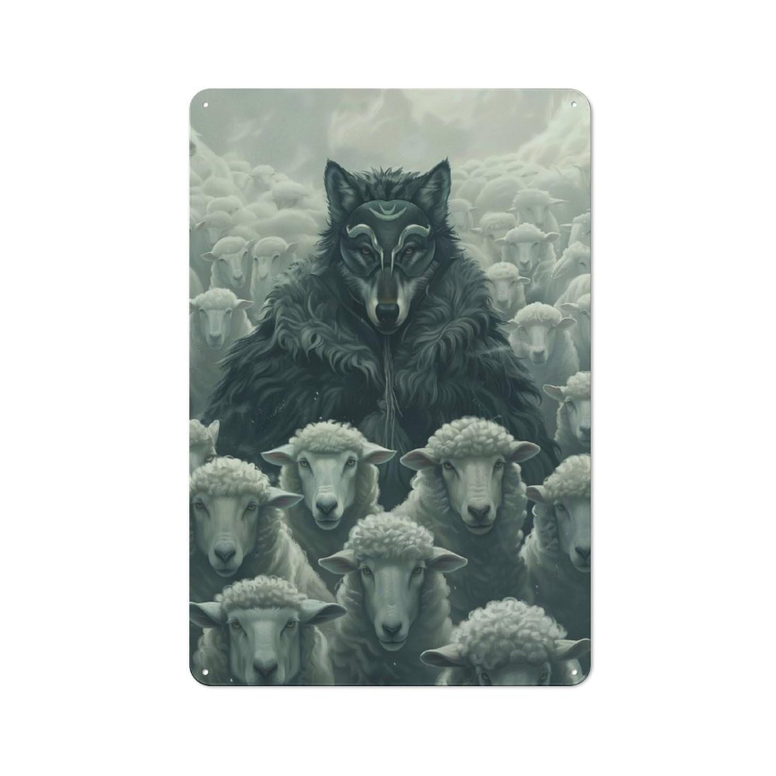 Junmoney Style-18 Decorative Metal Plaque With Wolf Mask Sheep Leader Design 30X20cm, Casual Utility Space Decor For Patio Bar, Workshop, Shed Or Kitchen