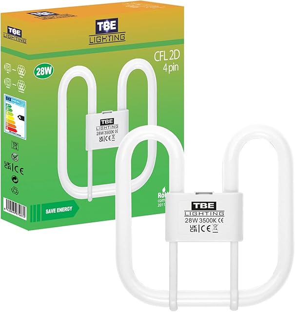 TBE Lighting 28w 2D 4-PIN CFL Energy Saving Lamps - DD Fluorescent Bulbs - 4-Pin GR10q Base Fittings - Long Life Lamp, Soft White 3500K (Single Unit)