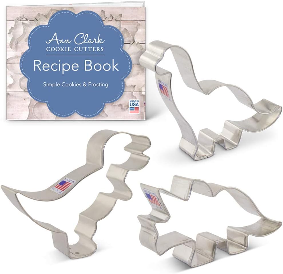 Ann Clark Cookie Cutters 3-Piece Dinosaur Cookie Cutter Set with Recipe Booklet, T-Rex, Brontosaurus and Triceratops