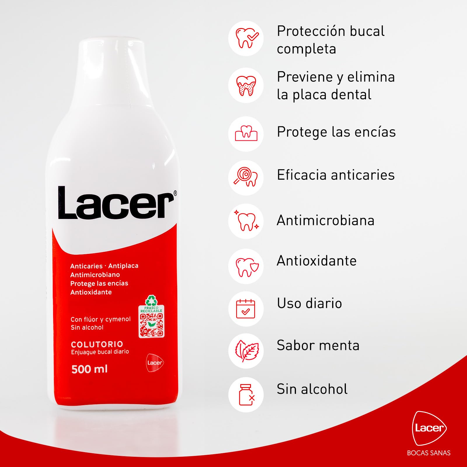 LACER - Zestaw 2 x 500 ml, płyn do płukania jamy ustnej, codzienne stosowanie, bez alkoholu, zdrowe i chronione usta, zapobiega próchnicy zębów i płytce nazębnej, głębokie czyszczenie