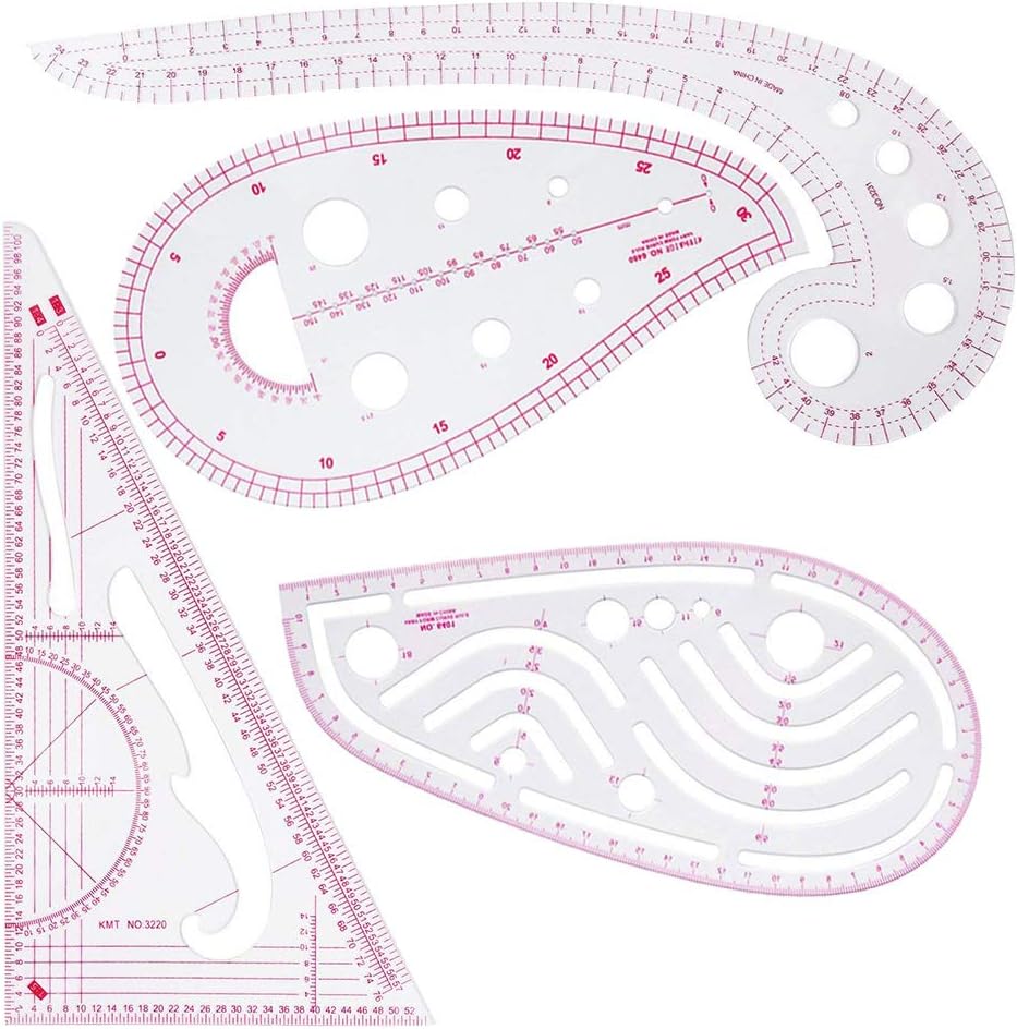 Sewing 4 Pcs Clothing Fashion Ruler Set - Metric, French Curve for Dressmaking - Plastic Dress Curve Rulers, Pattern Design Drawing Template, Tailor Tool for DIY Clothing