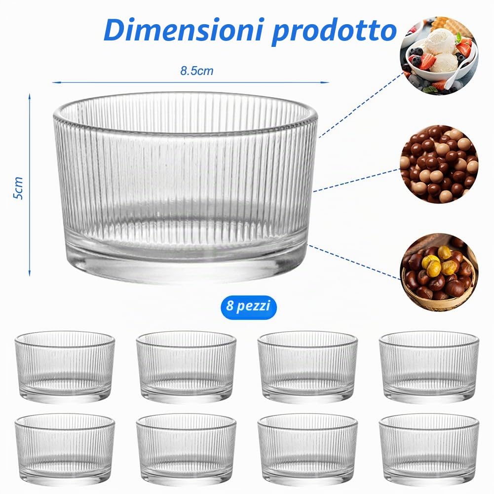 Set di 8 ciotole da dessert da 200 ml, ciotole per insalata, piccole ciotole in vetro trasparente, impilabili per dessert, salse, lavabili in lavastoviglie