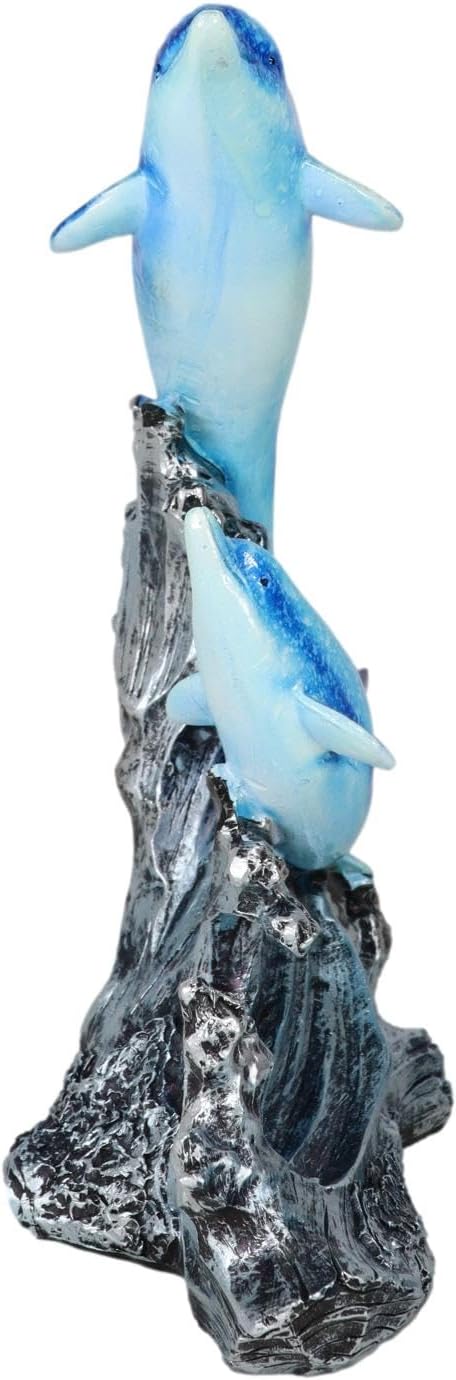 Ebros Gift Nautical Marine Life 2 Blue Dolphins Family Leaping Out of The Ocean Waves Figurine Under The Sea Bottlenose Dolphin Themed Sculpture