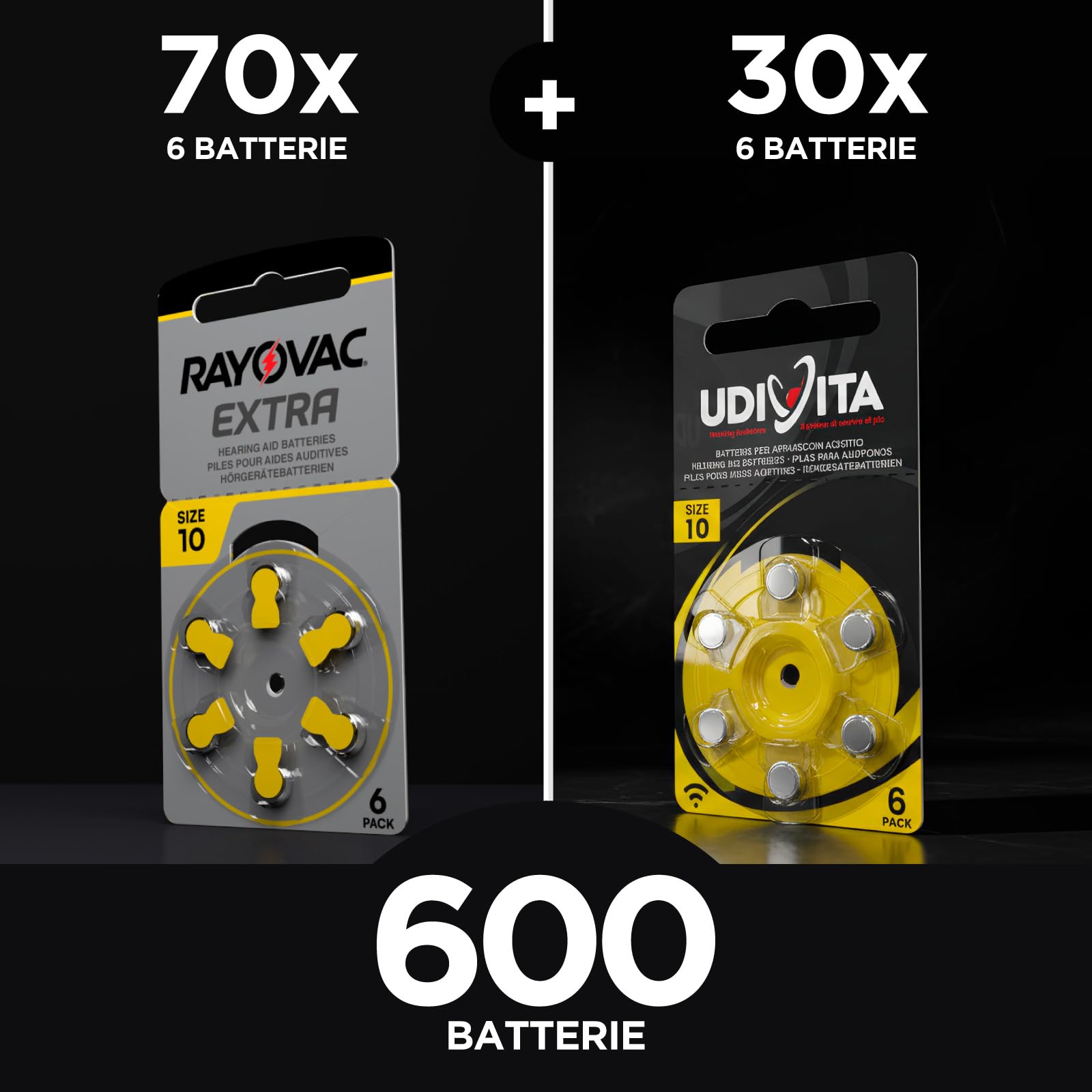 600 Batterie per Apparecchi Acustici Misura 10 PR70 Gialle Zinco-Aria Phono Pulse Technology in 10 Blister da 6 Pile - 600 Batterie: 420 Rayovac + 180 Udivita