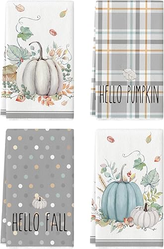 Artoid Mode Juego de 4 toallas de cocina de otoño con diseño de rayas grises de acuarela de 18 x 26 pulgadas, diseño de hojas de temporada