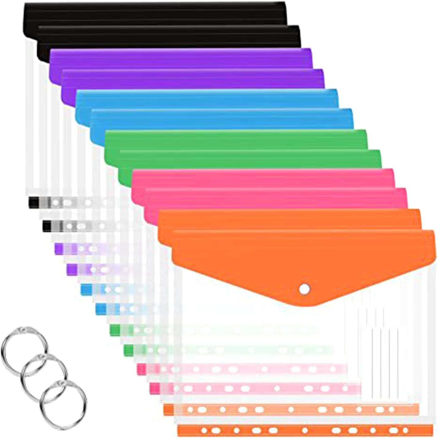 12PCS Expandable Punched Pockets 6 Colors Clear Envelope File Wallets With 11 Holes Document Binder Folder