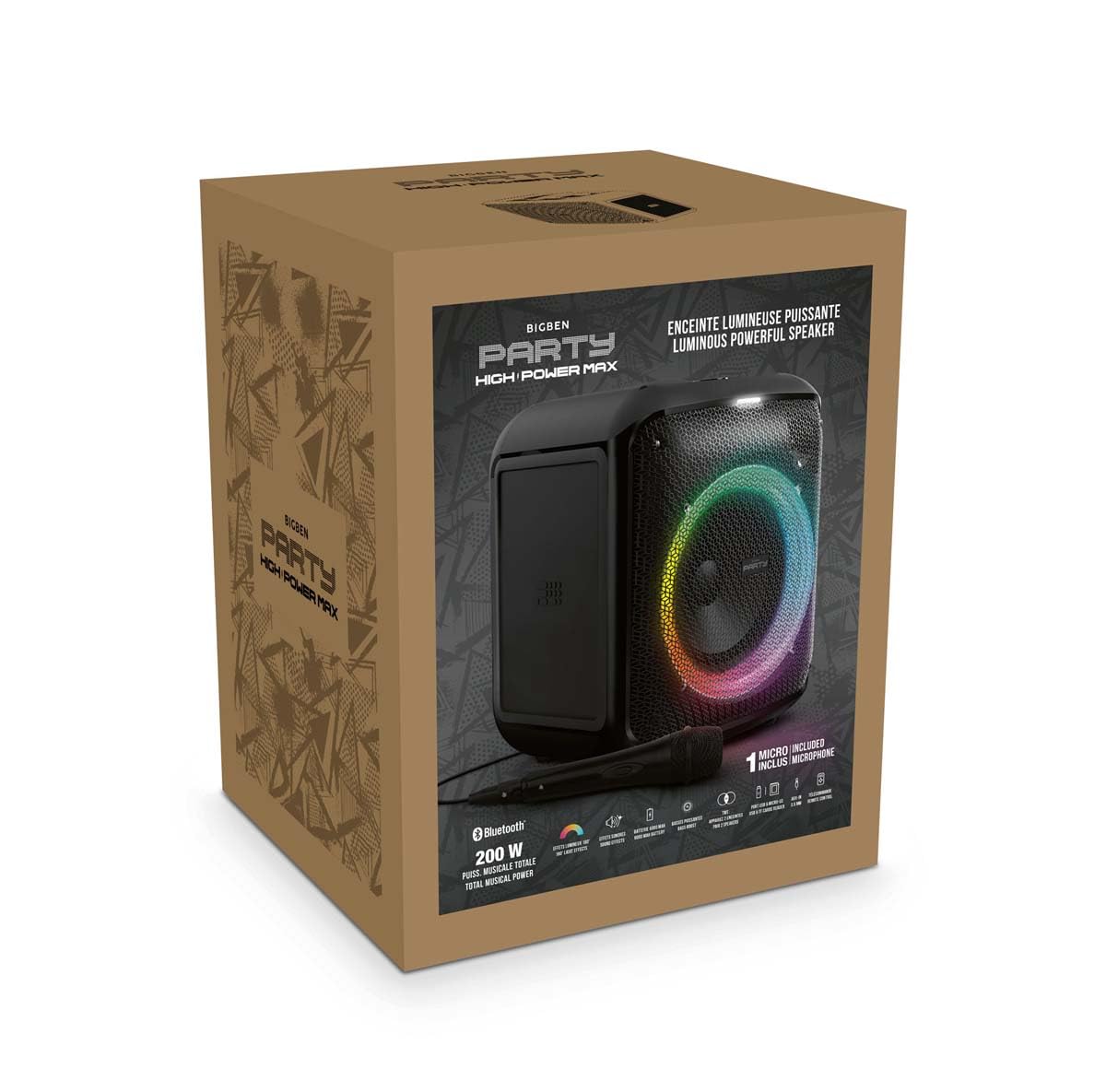 BIGBEN PARTYBTHPMAX - Altoparlante luminoso wireless - Bluetooth 5.3 - 200W - USB, SD, Aux-In - Microfono a filo (ideale Karaoke)