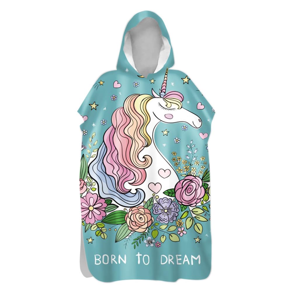 Highdi Hooded Changing Robe, Microfibre Light Weight Changing Towel, Towel Poncho for Surfing Swimming Beach Changing, Quick Dry Poncho for Women Men Adults (60x110cm,unicorn theme 7)