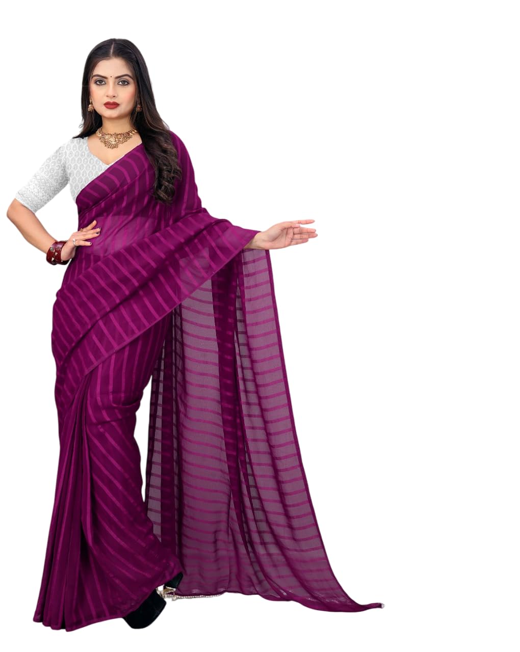 Chiffon Saree with Unstitched Blouse Piece, Purple and White, Traditional Design with Tassel Border-image-28