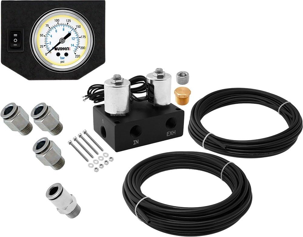 Vixen Air 2 Valve Suspension Manifold with One Single Needle White Gauge Panel, 3/8" OD Hose 50 FT, 1/4" OD Hose 35 FT and Fittings VXF1CM01W