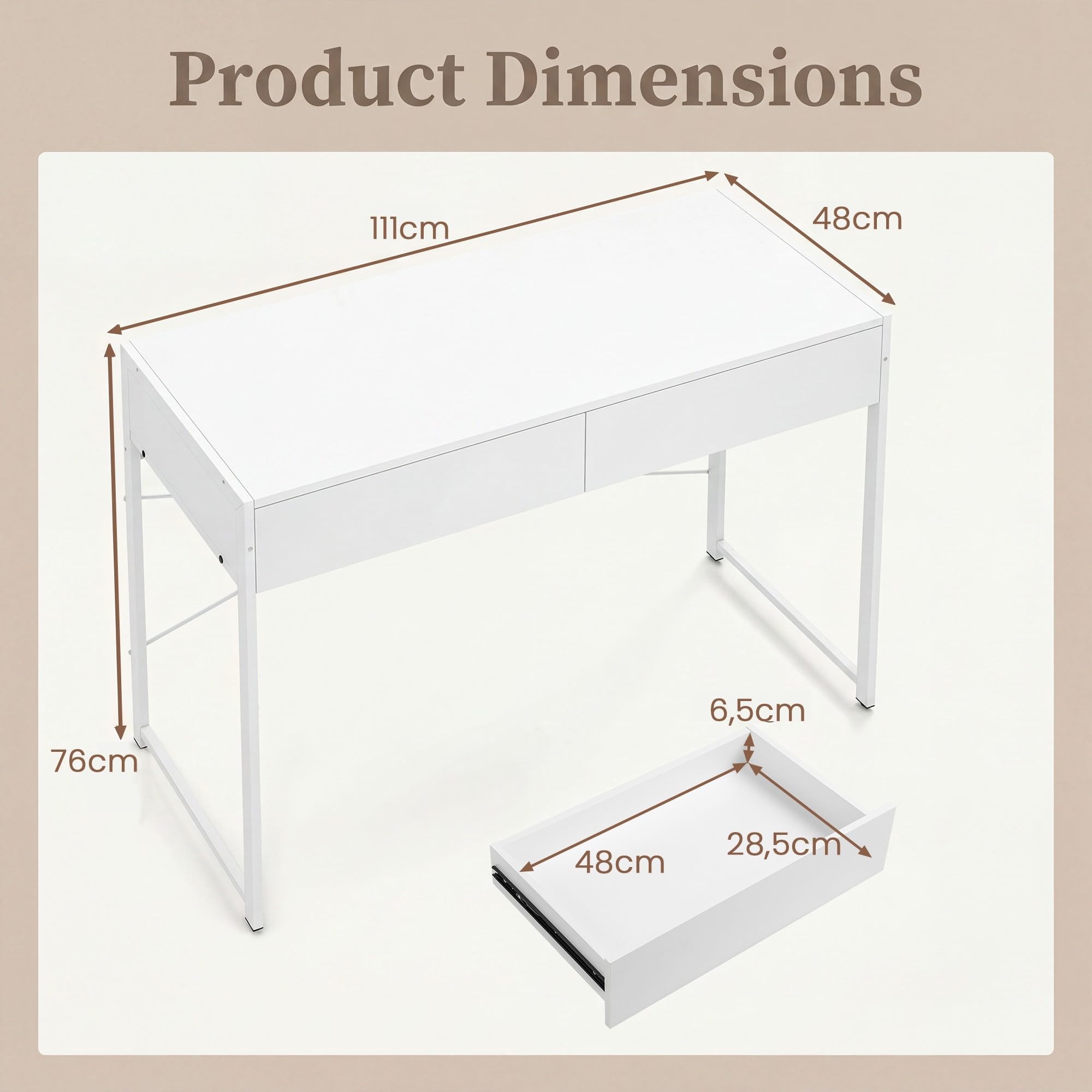 KOMFOTTEU Escritorio con 2 Cajones, Mesa Escritorio Ordenador con Marco Metálico, Mesa de Trabajo Moderna para Oficina, Dormitorio, Estudio, Despacho, 111 x 48 x 76 cm (Blanco)