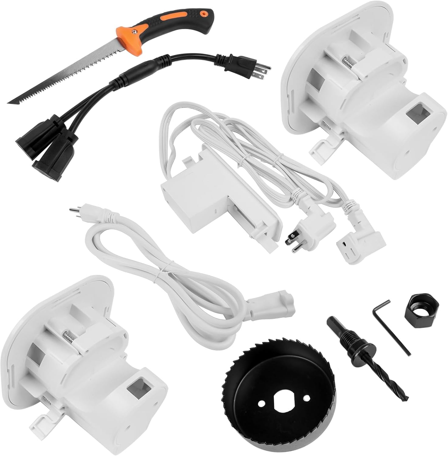 in-Wall Cable & Power Management Kit, TV Cord Concealer & Power Kit, Powers Devices & Hides All Cables, with Circle Saw Drilling Attachment & Drywall Hand Saw