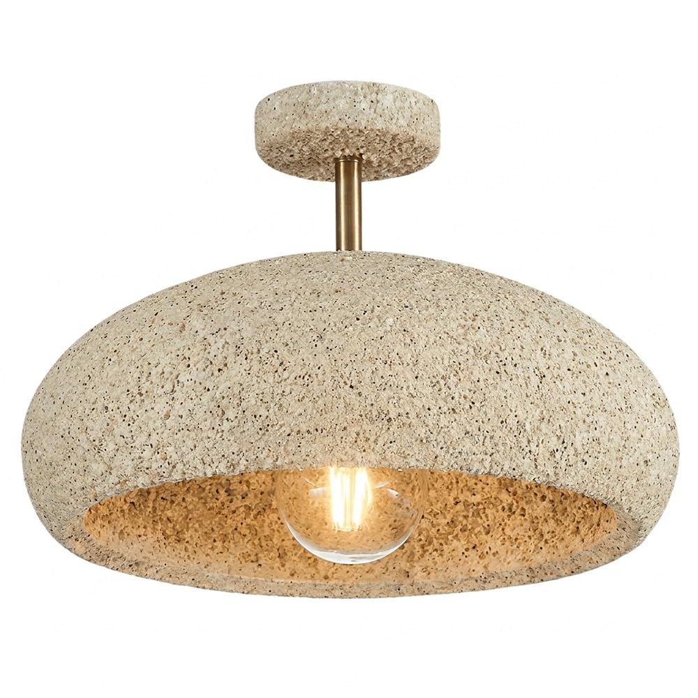 MESOVFCA Modern Semi Flush Mount Ceiling Light Resin Stone Texture E26 Base Lamp Wrought Iron Minimalist Lighting Fixture for Hallway Entryway Balcony Bedroom Foyer(Yellow)